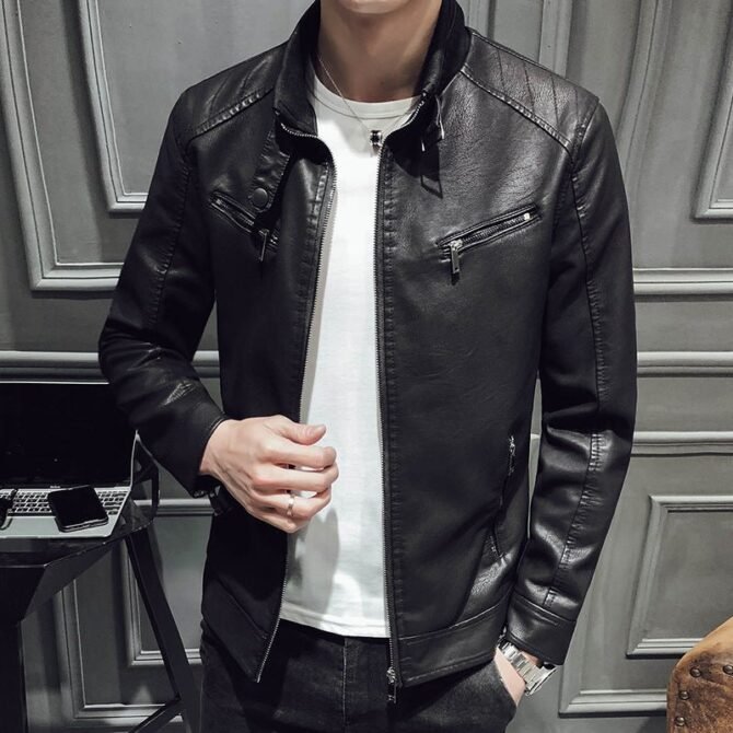 Men's Leather Zipper Cardigan Jacket - Stylish and Durable