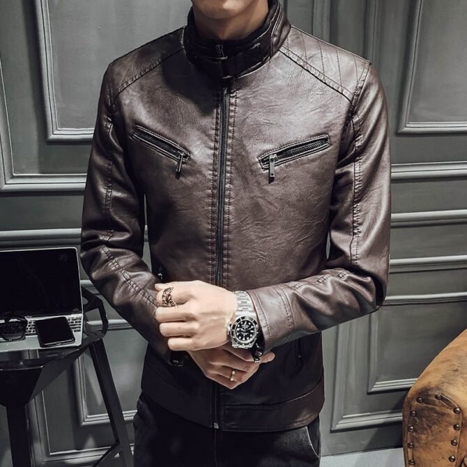 Men's Leather Zipper Cardigan Jacket - Stylish and Durable