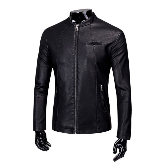 Men's Plus Velvet Fur PU Leather Jacket with Stand-Up Collar