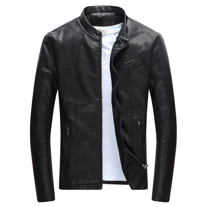 Men's Plus Velvet Fur PU Leather Jacket with Stand-Up Collar