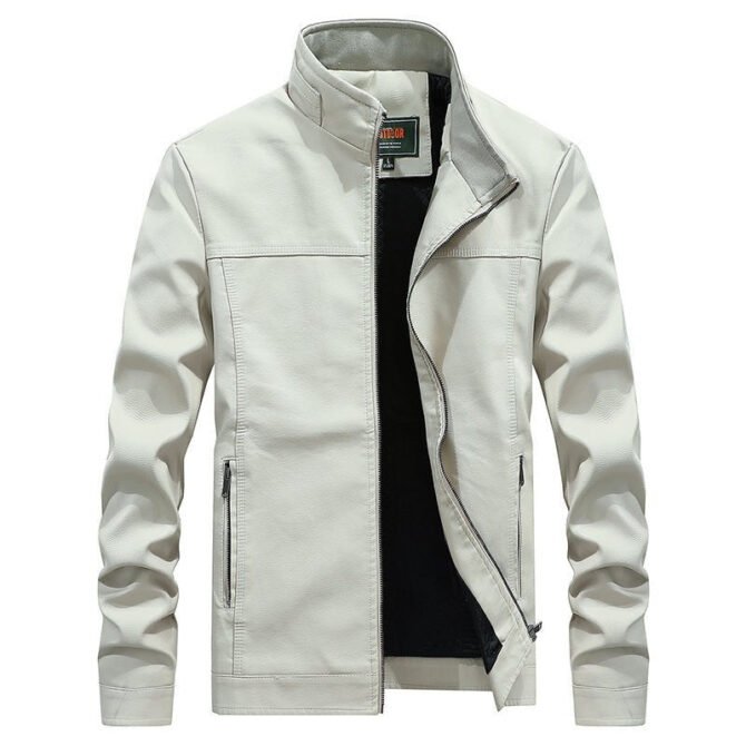 Stand-up collar solid color large size leather men's jacket