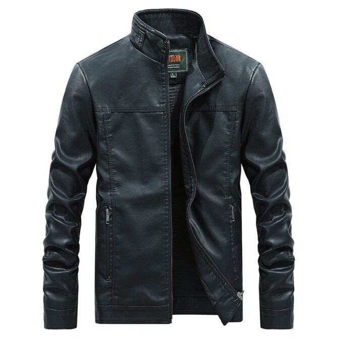 Stand-up collar solid color large size leather men's jacket