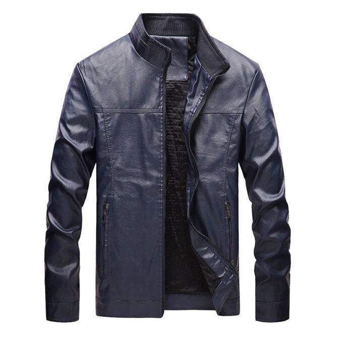 Stand-up collar solid color large size leather men's jacket