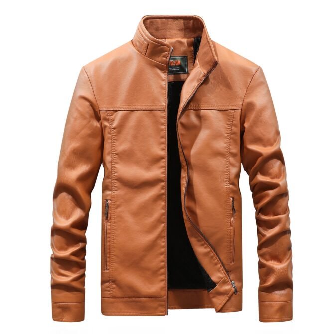 Stand-up collar solid color large size leather men's jacket